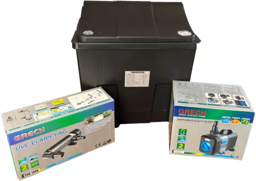 SunSun Grech CBF-200 Szűrő szett 8 m3 tavakhoz - 9W UVC lámpa + 3000 l/h szivattyú + Ajándék 3 m tömlő és indító baktérium