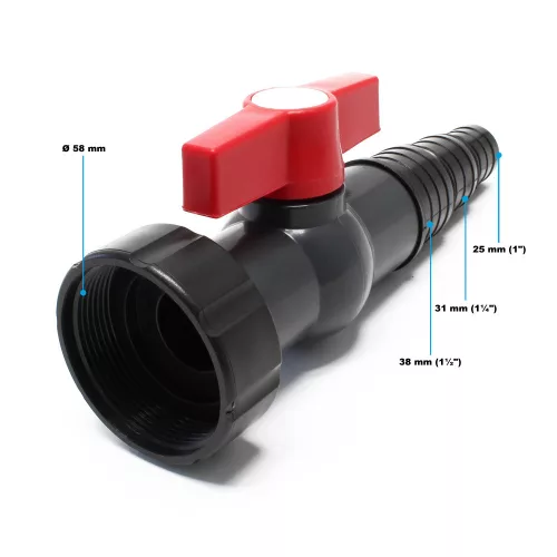 SunSun lépcsőzetes tömlőcsatlakozó 25mm/31mm/38mm Piros Golyóscsapos fogantyúval és 58mm csavargyűrűvel
